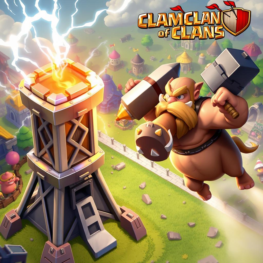 An epic battle scene between a Tesla tower and a Hog Rider from the mobile game Clash of Clans