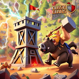 An epic battle scene between a Tesla tower and a Hog Rider from the mobile game Clash of Clans