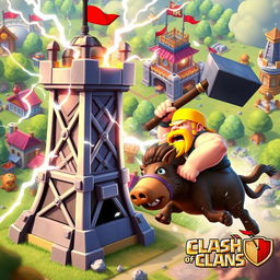 An epic battle scene between a Tesla tower and a Hog Rider from the mobile game Clash of Clans