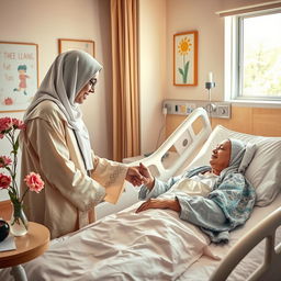 A Muslim person visiting a sick friend in a hospital room, filled with warmth and compassion