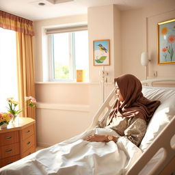 A Muslim person visiting a sick friend in a hospital room, filled with warmth and compassion