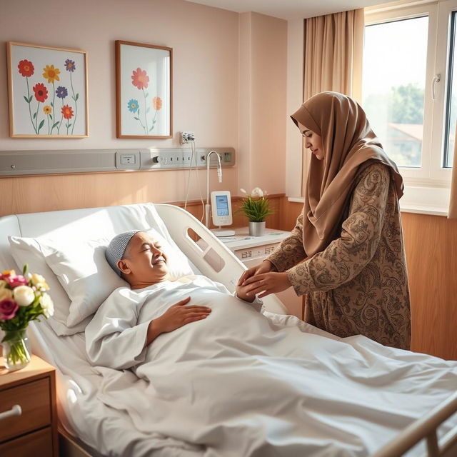 A Muslim person visiting a sick friend in a hospital room, filled with warmth and compassion