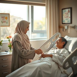 A Muslim person visiting a sick friend in a hospital room, filled with warmth and compassion