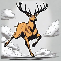 An image of a full-bodied, imposing deer leaping in mid-air, illustrated in a high-quality, colored manga style