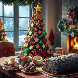 A festive Christmas scene inspired by delicious foods, showcasing a beautifully decorated Christmas tree made of colorful candy canes, gingerbread cookies adorned with icing, and ornaments resembling various holiday treats like peppermint bark and chocolate truffles