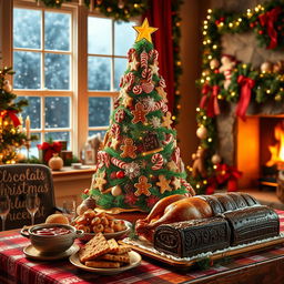 A festive Christmas scene inspired by delicious foods, showcasing a beautifully decorated Christmas tree made of colorful candy canes, gingerbread cookies adorned with icing, and ornaments resembling various holiday treats like peppermint bark and chocolate truffles
