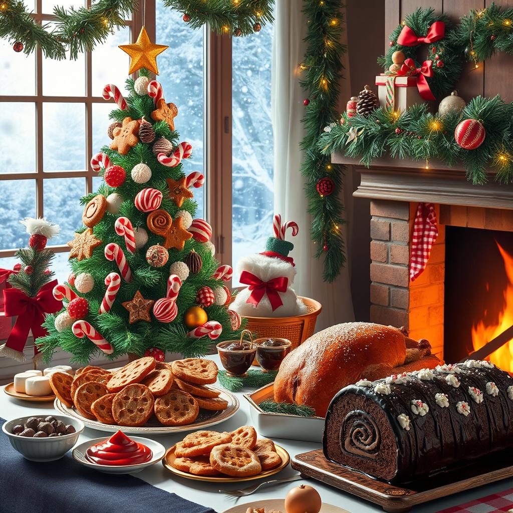 A festive Christmas scene inspired by delicious foods, showcasing a beautifully decorated Christmas tree made of colorful candy canes, gingerbread cookies adorned with icing, and ornaments resembling various holiday treats like peppermint bark and chocolate truffles