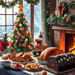 A festive Christmas scene inspired by delicious foods, showcasing a beautifully decorated Christmas tree made of colorful candy canes, gingerbread cookies adorned with icing, and ornaments resembling various holiday treats like peppermint bark and chocolate truffles