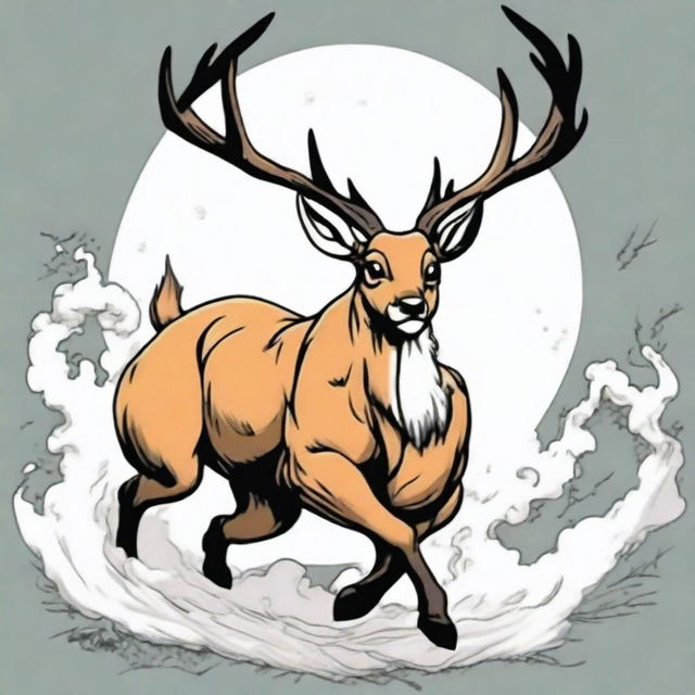 An image of a full-bodied, imposing deer leaping in mid-air, illustrated in a high-quality, colored manga style