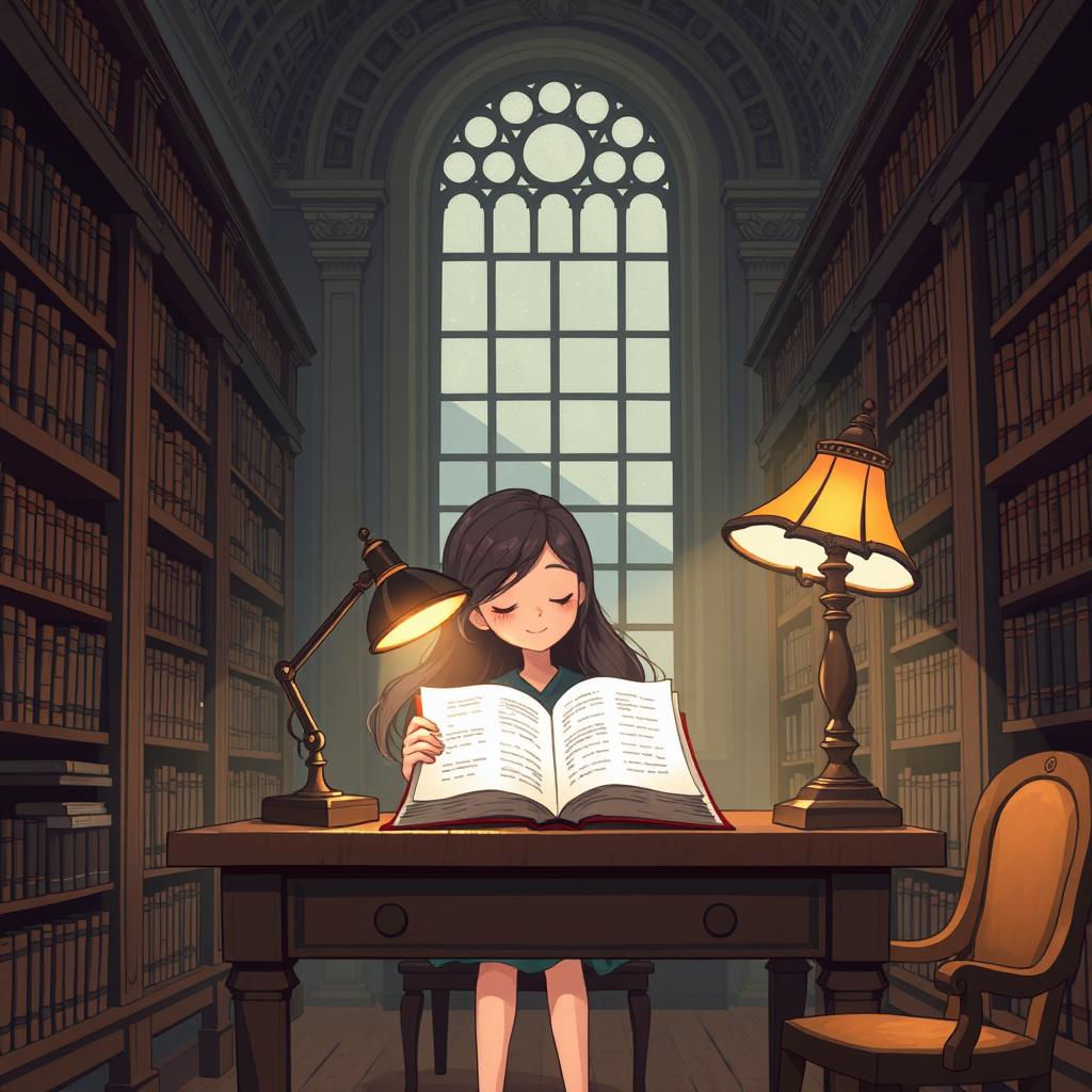 A cartoon of a girl sitting at a classic wooden desk in an old library, surrounded by shelves filled with ancient books