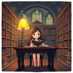 A cartoon of a girl sitting at a classic wooden desk in an old library, surrounded by shelves filled with ancient books