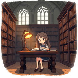 A cartoon of a girl sitting at a classic wooden desk in an old library, surrounded by shelves filled with ancient books