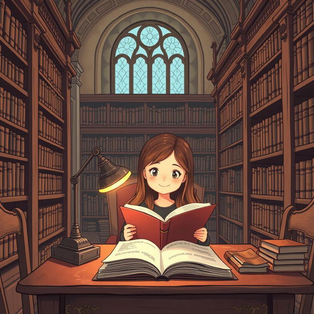 A cartoon of a girl sitting at a classic wooden desk in an old library, surrounded by shelves filled with ancient books