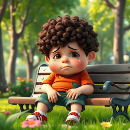 A young, overweight boy with curly brown hair is sitting on a park bench, tears streaming down his face