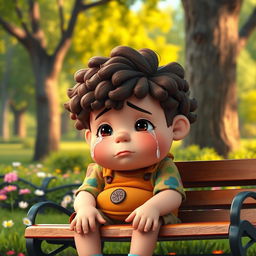 A young, overweight boy with curly brown hair is sitting on a park bench, tears streaming down his face