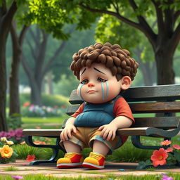 A young, overweight boy with curly brown hair is sitting on a park bench, tears streaming down his face