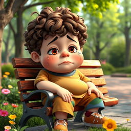 A young, overweight boy with curly brown hair is sitting on a park bench, tears streaming down his face