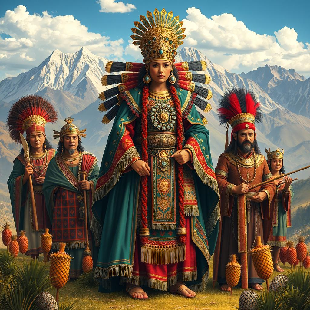 An intricate depiction of Inca royalty featuring a Coya dressed in elaborate traditional attire, adorned with gold and jewel accessories, surrounded by noble figures representing noble blood and privilege, known as hatunrunas