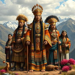 An intricate depiction of Inca royalty featuring a Coya dressed in elaborate traditional attire, adorned with gold and jewel accessories, surrounded by noble figures representing noble blood and privilege, known as hatunrunas