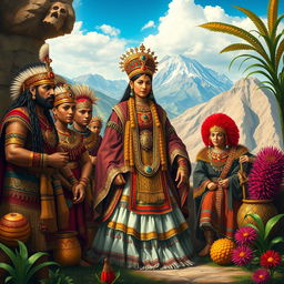 An intricate depiction of Inca royalty featuring a Coya dressed in elaborate traditional attire, adorned with gold and jewel accessories, surrounded by noble figures representing noble blood and privilege, known as hatunrunas