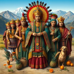 An intricate depiction of Inca royalty featuring a Coya dressed in elaborate traditional attire, adorned with gold and jewel accessories, surrounded by noble figures representing noble blood and privilege, known as hatunrunas
