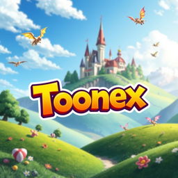 A vibrant and colorful digital artwork featuring a fantasy landscape with lush green hills, a clear blue sky, and a whimsical castle in the background