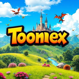 A vibrant and colorful digital artwork featuring a fantasy landscape with lush green hills, a clear blue sky, and a whimsical castle in the background