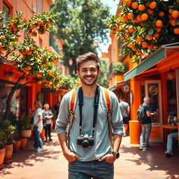 A vibrant and adventurous person standing in the heart of a lively orange-themed city, surrounded by bright orange buildings and trees bearing succulent oranges