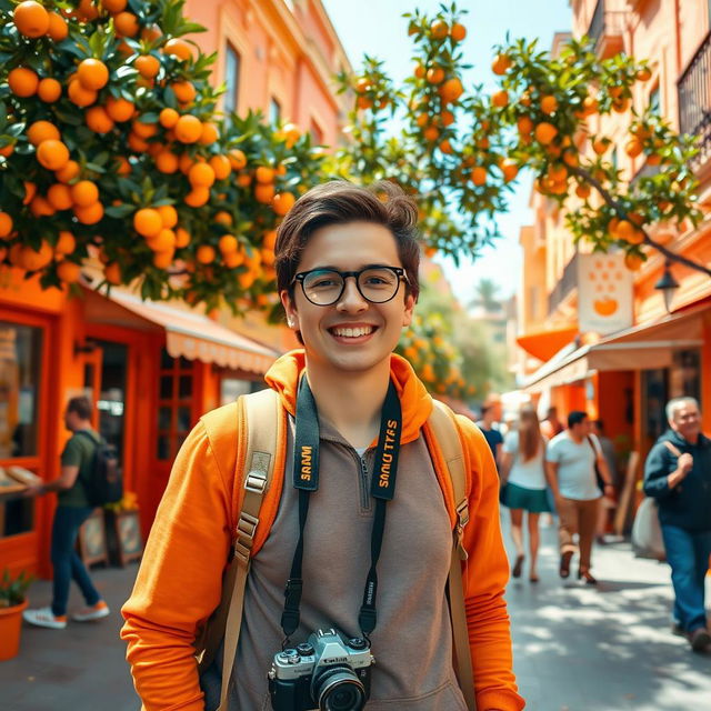 A vibrant and adventurous person standing in the heart of a lively orange-themed city, surrounded by bright orange buildings and trees bearing succulent oranges