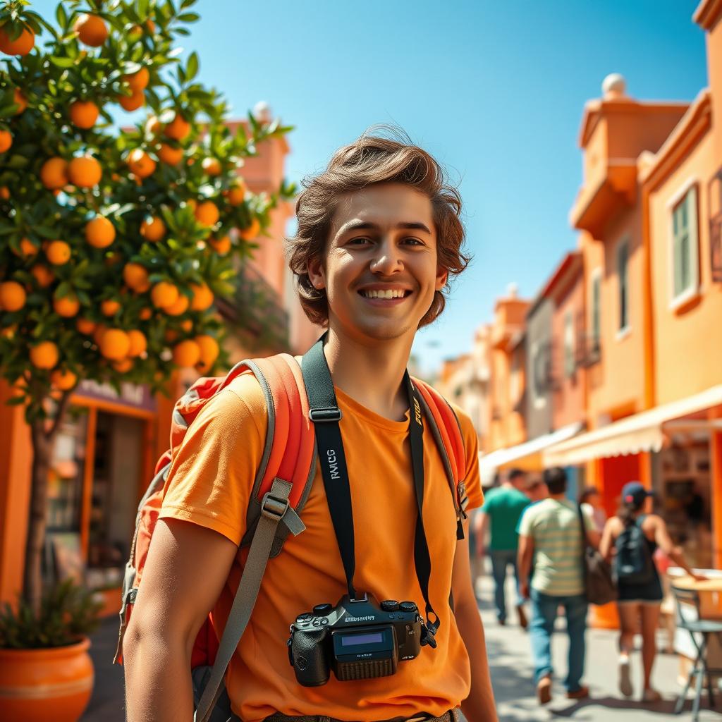 A vibrant and adventurous person standing in the heart of a lively orange-themed city, surrounded by bright orange buildings and trees bearing succulent oranges