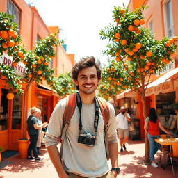 A vibrant and adventurous person standing in the heart of a lively orange-themed city, surrounded by bright orange buildings and trees bearing succulent oranges