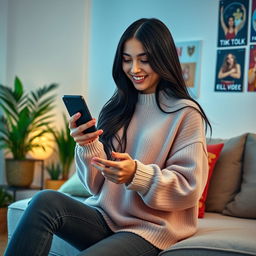 A realistic, high-resolution image of a young woman engaged in playing the TikTok application on her smartphone