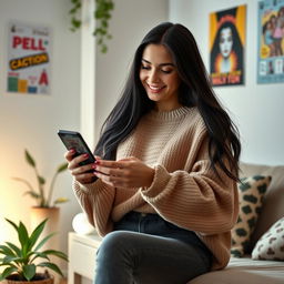 A realistic, high-resolution image of a young woman engaged in playing the TikTok application on her smartphone