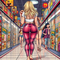 A comic book style illustration showcasing a sexy, beautiful, innocent girl viewed from the rear
