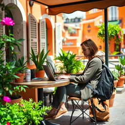 A serene and inspiring scene of a person sitting at a stylish outdoor cafe, working on their laptop, surrounded by vibrant greenery and flower pots