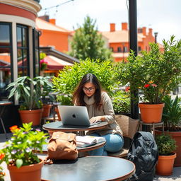A serene and inspiring scene of a person sitting at a stylish outdoor cafe, working on their laptop, surrounded by vibrant greenery and flower pots