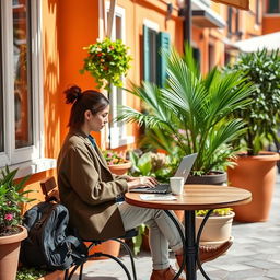 A serene and inspiring scene of a person sitting at a stylish outdoor cafe, working on their laptop, surrounded by vibrant greenery and flower pots