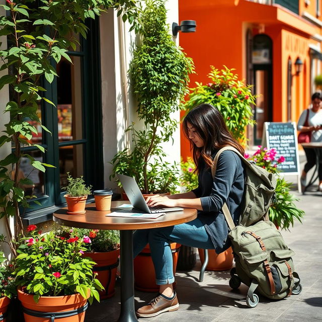 A serene and inspiring scene of a person sitting at a stylish outdoor cafe, working on their laptop, surrounded by vibrant greenery and flower pots