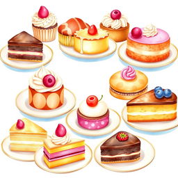 A beautifully arranged display of delightful desserts, including an assortment of pastries, cupcakes, and tarts, vibrant colors and soft textures, perfect for a bakery logo