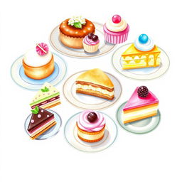 A beautifully arranged display of delightful desserts, including an assortment of pastries, cupcakes, and tarts, vibrant colors and soft textures, perfect for a bakery logo