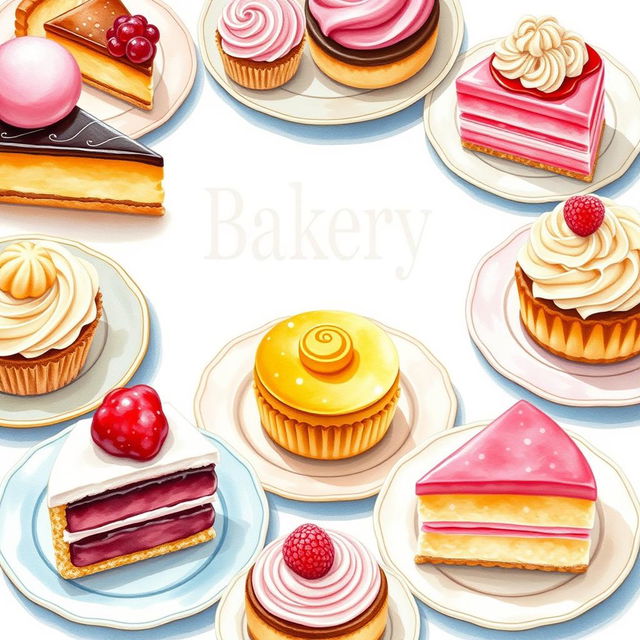 A beautifully arranged display of delightful desserts, including an assortment of pastries, cupcakes, and tarts, vibrant colors and soft textures, perfect for a bakery logo