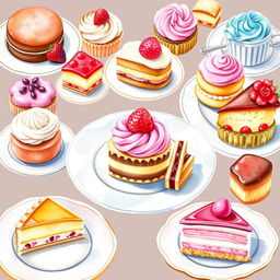 A beautifully arranged display of delightful desserts, including an assortment of pastries, cupcakes, and tarts, vibrant colors and soft textures, perfect for a bakery logo