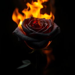 A stunning black rose engulfed in flames, creating a dramatic contrast between the dark petals and the bright, flickering fire
