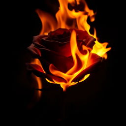 A stunning black rose engulfed in flames, creating a dramatic contrast between the dark petals and the bright, flickering fire