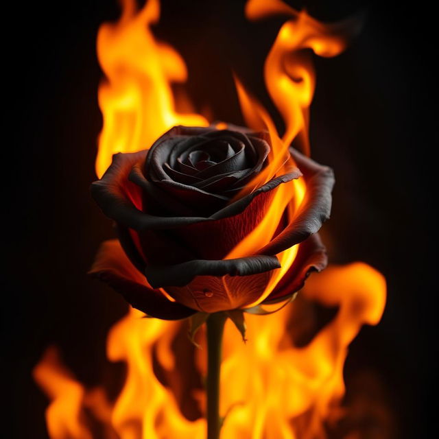 A stunning black rose engulfed in flames, creating a dramatic contrast between the dark petals and the bright, flickering fire