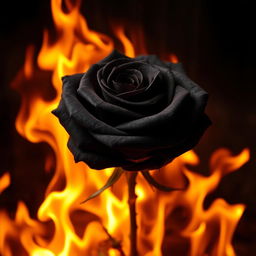 A stunning black rose engulfed in flames, creating a dramatic contrast between the dark petals and the bright, flickering fire