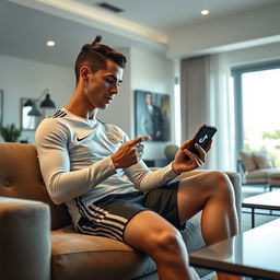 A hyper-realistic depiction of a male soccer player resembling Cristiano Ronaldo, deeply engaged in using the TikTok app on a smartphone