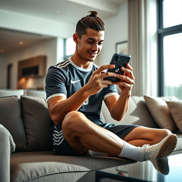 A hyper-realistic depiction of a male soccer player resembling Cristiano Ronaldo, deeply engaged in using the TikTok app on a smartphone