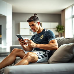 A hyper-realistic depiction of a male soccer player resembling Cristiano Ronaldo, deeply engaged in using the TikTok app on a smartphone