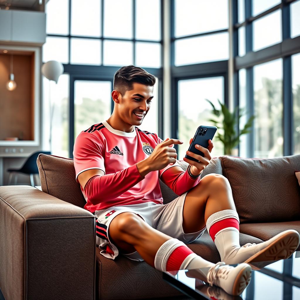 A hyper-realistic depiction of a male soccer player resembling Cristiano Ronaldo, deeply engaged in using the TikTok app on a smartphone